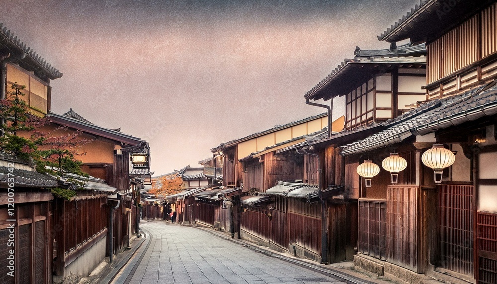 Tranquil street in Japan, warm sunset light illuminating traditional architecture. Tranquil street in Japan, warm sunset light illuminating traditional architecture.