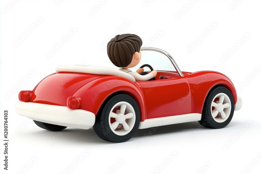 Boy in Red Convertible Car Driving on White Background Boy in Red Convertible Car Driving on White Background