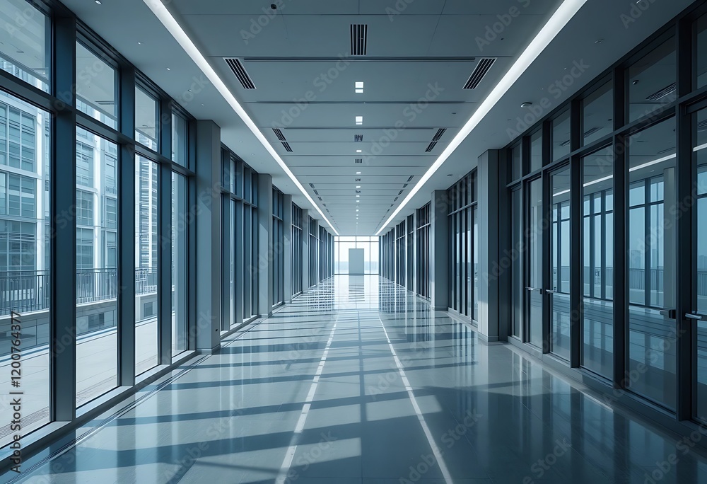 Modern Office Corridor with Expansive Glass Windows Modern Office Corridor with Expansive Glass Windows
