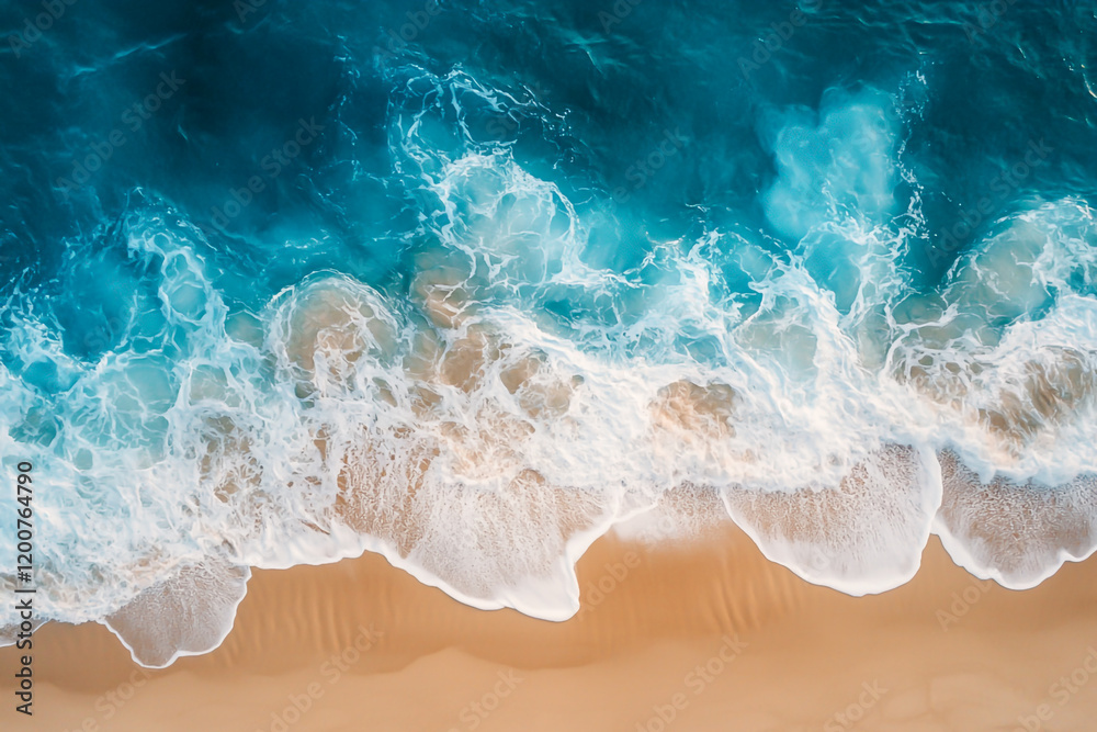 An aerial view of the ocean waves hitting against the sand. An aerial view of the ocean waves hitting against the sand.