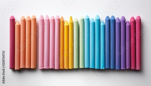 Rainbow of colorful chalks arranged on a white background.