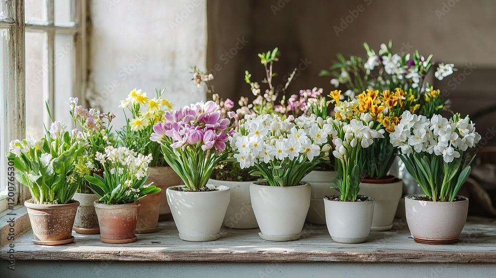 custom made wallpaper toronto digitalSpring's Embrace: A captivating display of diverse potted flowers of varied hues and textures adorns a windowsill, bringing the essence of spring into the interior space.