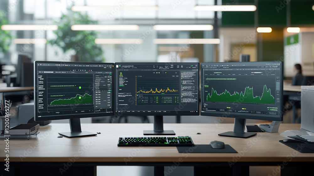 Digital screens displaying climate data in modern office environment Digital screens displaying climate data in modern office environment