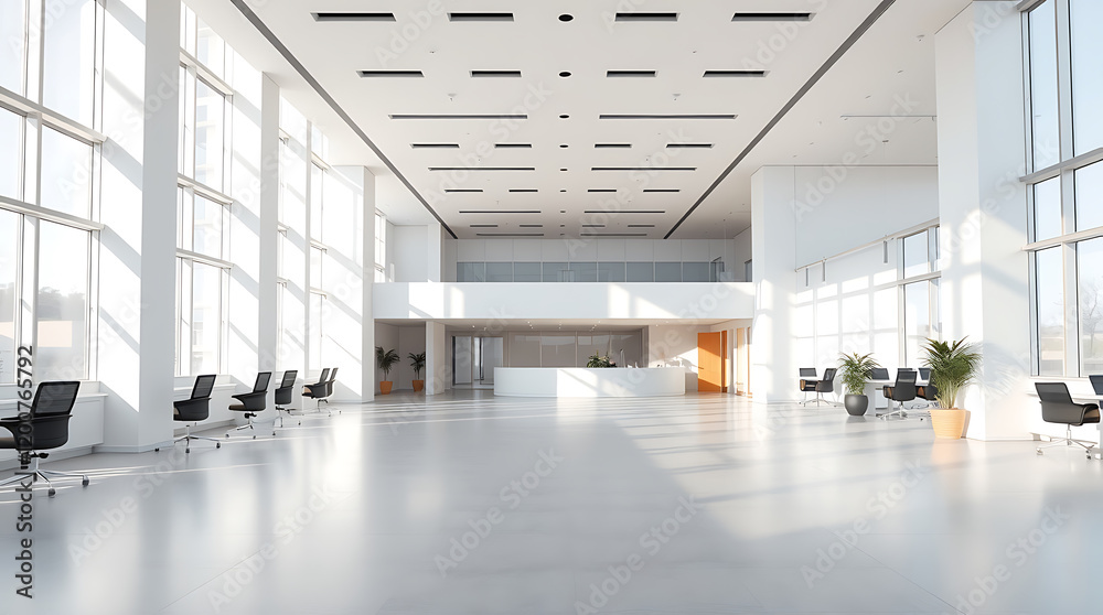 Obraz premium Sunlit Modern Office Lobby: Minimalist Interior Design and Architecture. Bright, Clean Workspace with Elegant Reception Area