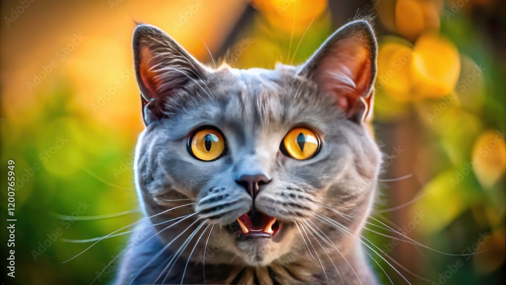 Obraz premium Surprised Grey Cat Close-Up Portrait with Wide Orange Eyes and Open Mouth, Capturing the Essence of Feline Expression in Stunning Detail