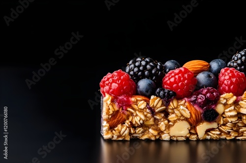 Granola bar with nuts, fruit and berries on black photo