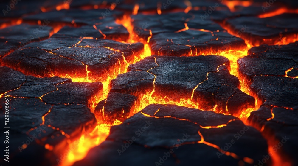 Fiery Lava Flow Cracks on Volcanic Surface with Glowing Red Magma Illuminate Dark Lava Rocks in Dramatic Nature Landscape Background Fiery Lava Flow Cracks on Volcanic Surface with Glowing Red Magma Illuminate Dark Lava Rocks in Dramatic Nature Landscape Background