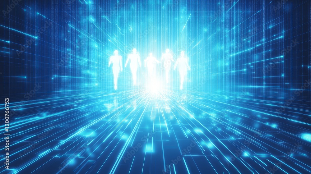 Fototapeta premium Digital Figures Racing Through Futuristic Cyberspace