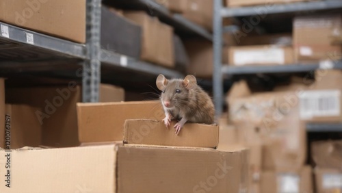 Brown rat in warehouse looking at camera on cardboard box. Warehouse background with shelves filled with items. Concentrated mood.