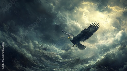 Majestic Eagle Soaring Above Turbulent Ocean Waves photo