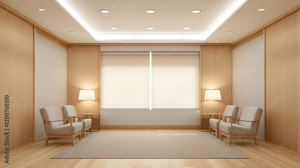 Fototapeta premium Calm and cozy wellness room in workplace with soft lighting and wooden decor