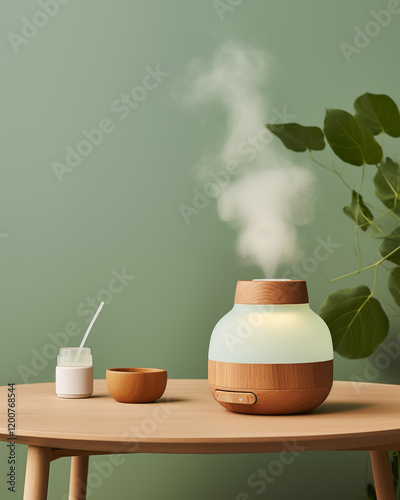 Wooden diffuser emitting vapor near plant and vessels, ideal for aromatherapy or wellnessrelated content design in marketing materials. photo