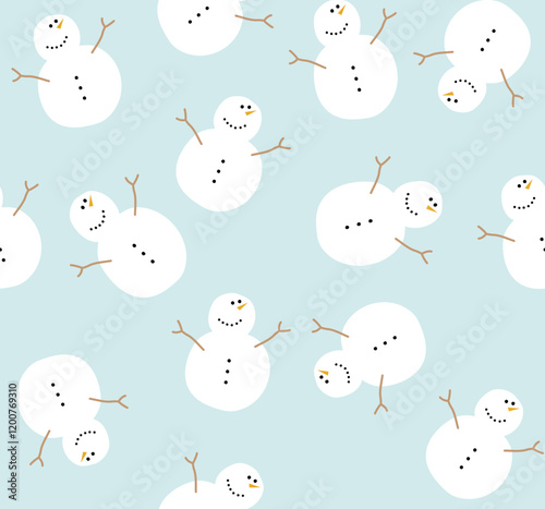 Snowman seamless pattern on blue background.
