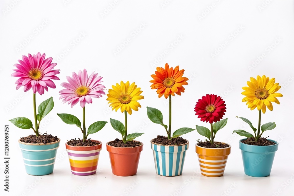 Colorful potted flowers in striped pots arranged in a cheerful display against a white background Colorful potted flowers in striped pots arranged in a cheerful display against a white background