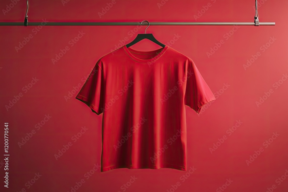 Detailed Color Image of Front Side of Blank Carmine Color Mockup Tshirt Hanging on Rack Clothes Detailed Color Image of Front Side of Blank Carmine Color Mockup Tshirt Hanging on Rack Clothes