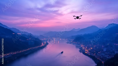 Drone Flight Over Cityscape at Twilight photo