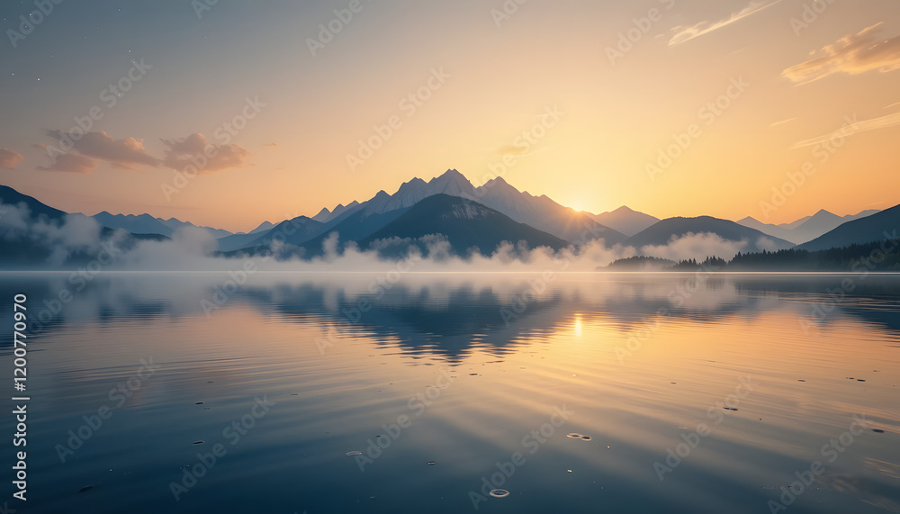 Fototapeta premium Serene sunrise over misty mountain lake reflection.
