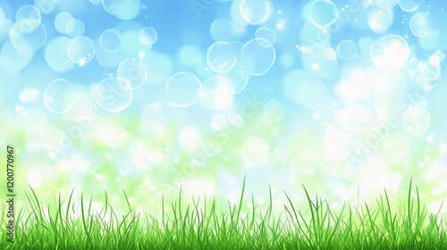 Spring Meadow Bokeh: Vibrant green grass blades emerge against a backdrop of soft-focus blue and green bokeh, evoking a sense of springtime freshness and optimism. 
