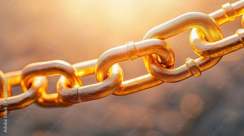Obraz premium law restriction policy concept. Close-up of a golden chain link glistening in the sunlight with a blurred background.