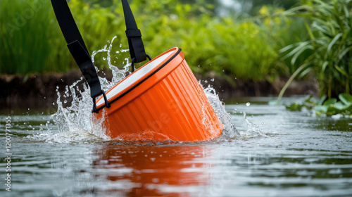 Close-up of an orange helicopter firefighting bucket splashing into water, used for collecting water to combat forest fires photo