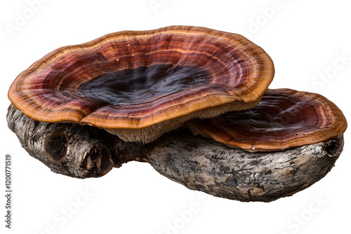 ganoderma mushrooms on wood - isolated on black photo