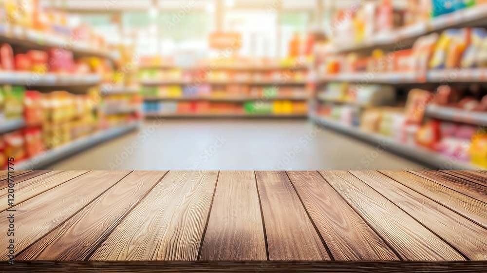 Wooden table in grocery store interior. Wooden table in grocery store interior.