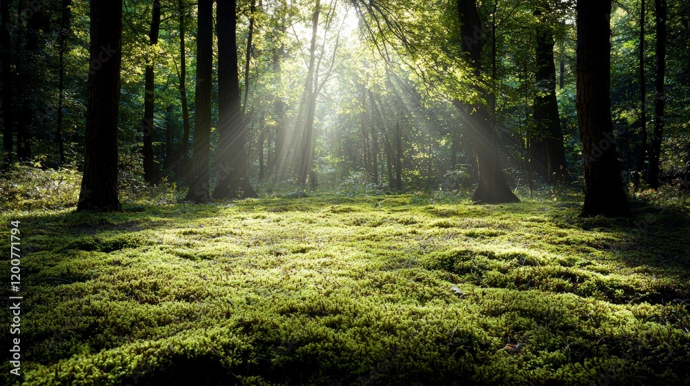 Fototapeta premium Tranquil open forest with golden sunlight nature scene mossy ground lush environment serene viewpoint natural beauty