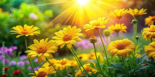 Vibrant Dahlberg Daisy Garden in Full Bloom - Bright Yellow Flowers and Lush Green Foliage with Copy Space for Text and Design Elements photo