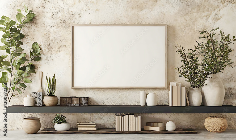 Obraz premium Modern poster mockup frame and presentation with greenery and rustic tones, perfect for eco-friendly designs, natural interiors, and stylish artwork display setups.
