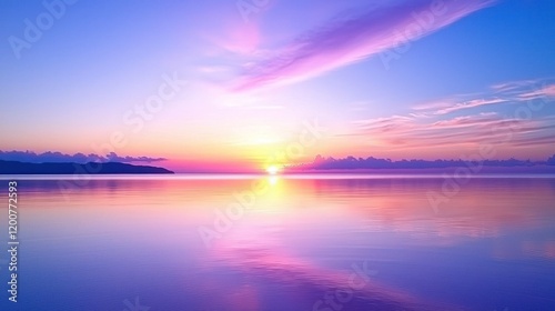 Serene sunset over calm waters, blending vibrant colors.