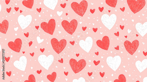 Happy Valentines background with abstract white and red seamless hearts pattern on lovely pink wallpaper 