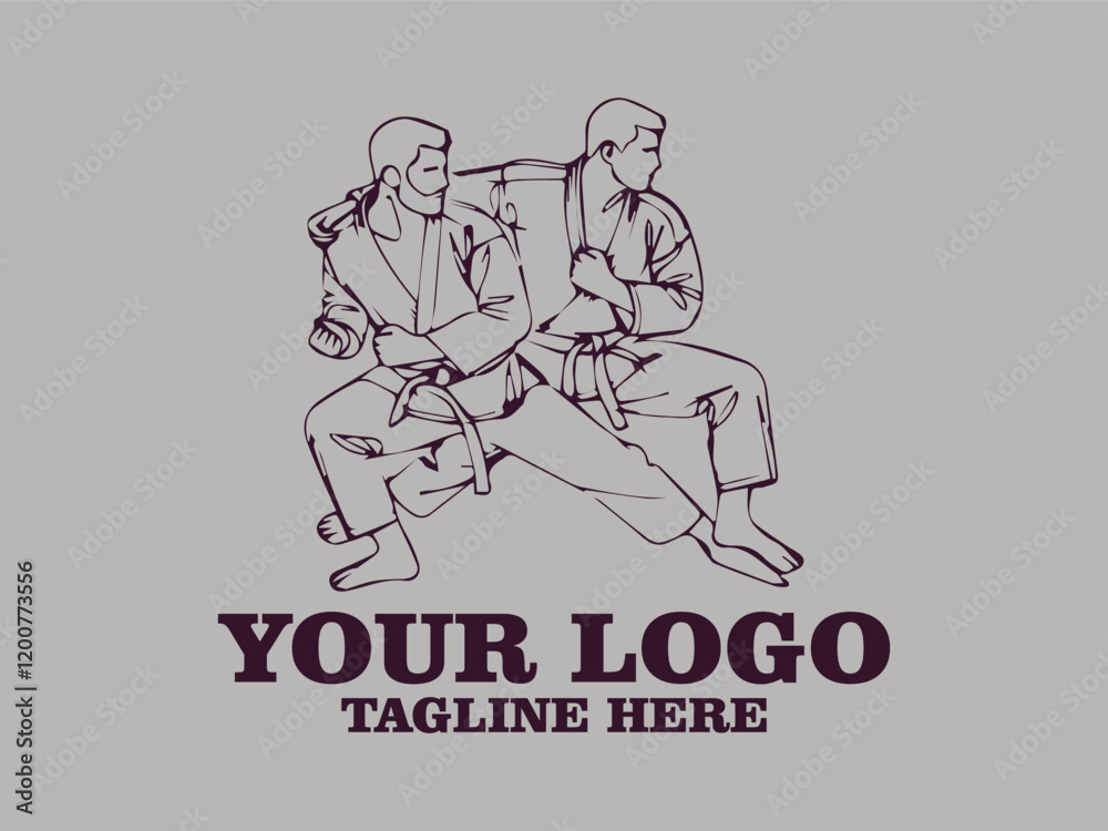 This one-line vector illustration features two young judokas fighting passionately. This minimalist design creates a strong and elegant impression, and is suitable for use as a poster design This one-line vector illustration features two young judokas fighting passionately. This minimalist design creates a strong and elegant impression, and is suitable for use as a poster design