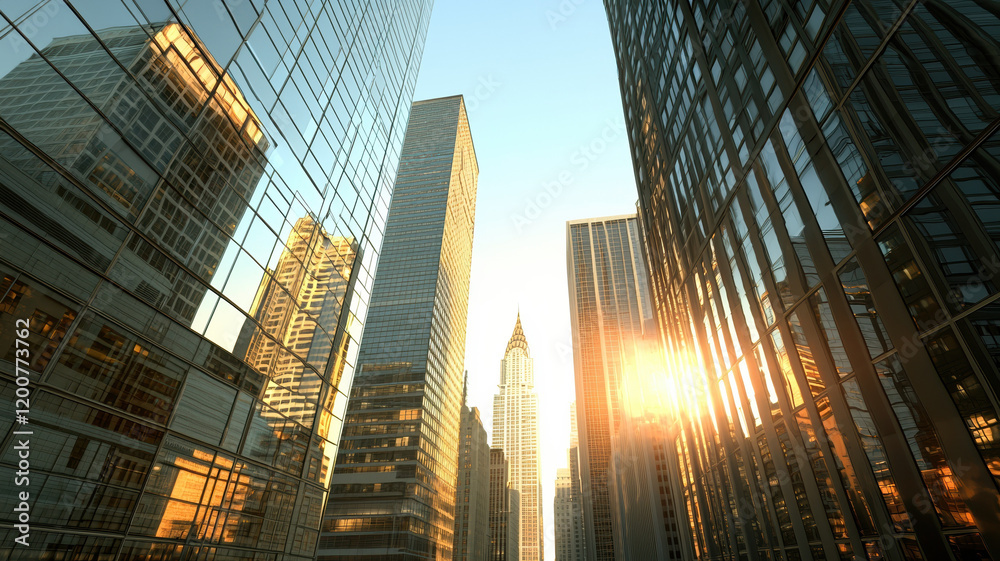 City skyline with skyscrapers reflecting sunlight at sunset City skyline with skyscrapers reflecting sunlight at sunset