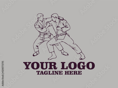 This one-line vector illustration features two young judokas fighting passionately.  This minimalist design creates a strong and elegant impression, and is suitable for use as a poster design