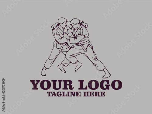 This one-line vector illustration features two young judokas fighting passionately.  This minimalist design creates a strong and elegant impression, and is suitable for use as a poster design