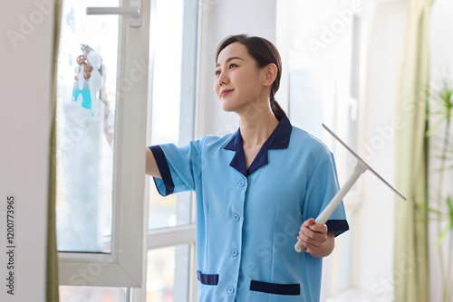 Female cleaner tidying up the apartment photo