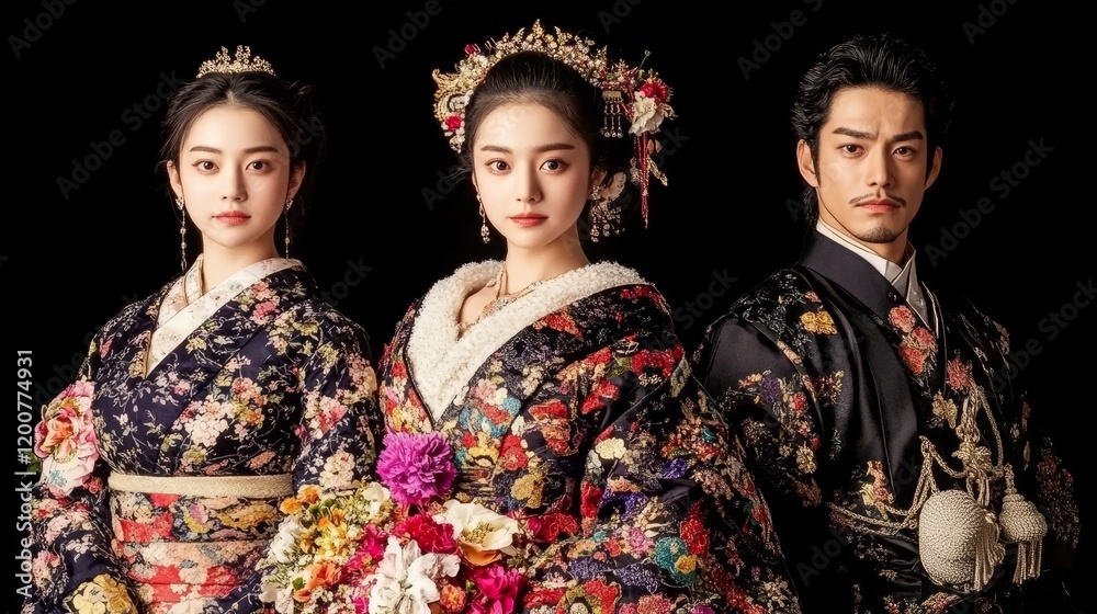 Elegant Asian Women and Man in Traditional Attire Elegant Asian Women and Man in Traditional Attire