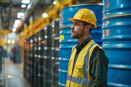 Wallpaper Mural Young man in hard hat and vest inspects industrial warehouse with blue barrels Torontodigital.ca