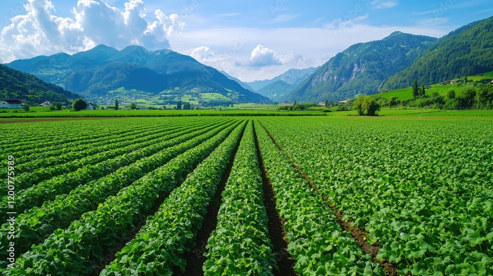 Lush Green Crop Field in Mountain Valley Scenic Landscape Lush Green Crop Field in Mountain Valley Scenic Landscape