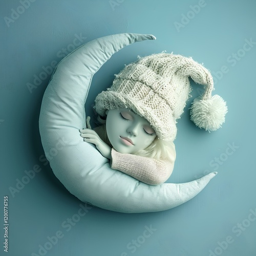 A doll sleeping on a crescent with a knitted hat photo