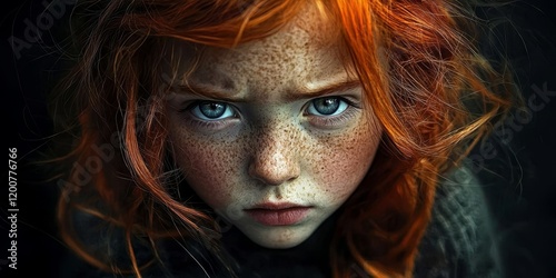 A captivating portrait of a young girl with striking red hair and freckles.