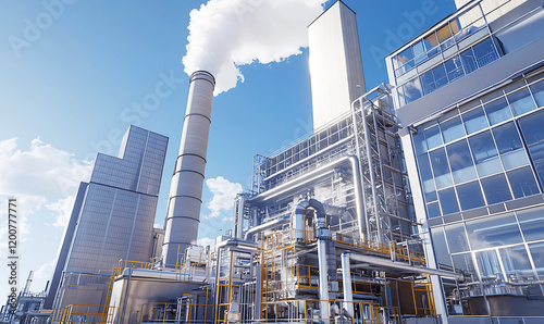 A coal power plant with chimneys emitting smoke into the atmosphere under a clear blue sky, symbolizing industrial energy production and its environmental impact photo