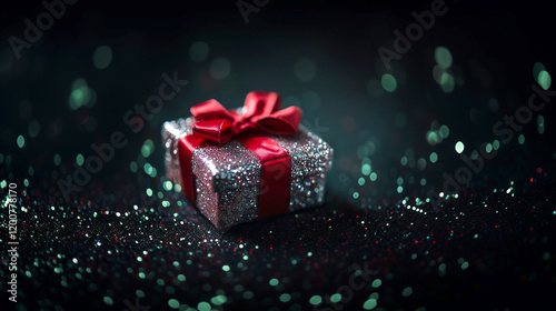 Cinematic gift box with red ribbon on sparkling blur background, gifts for valentines day wedding new year photo