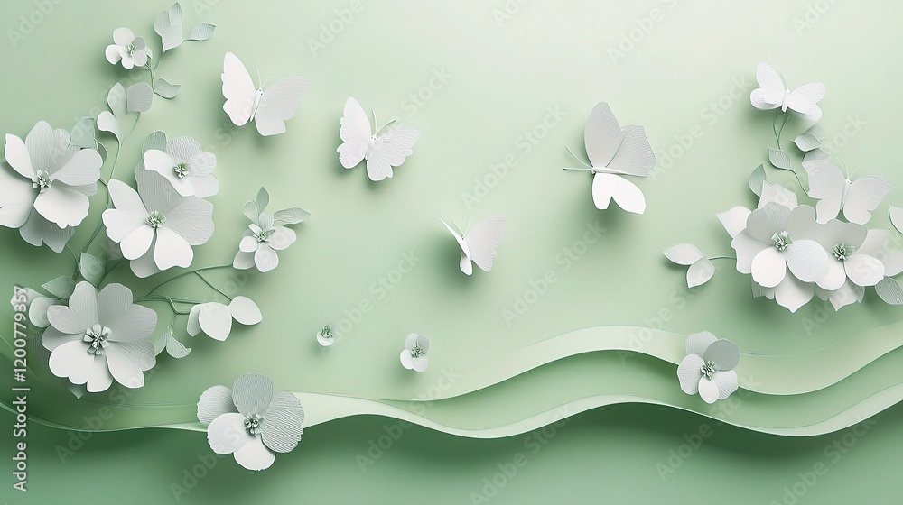 Fototapeta premium Paper Flowers and Butterflies: A delicate arrangement of white paper flowers and butterflies flutter around a gently flowing ribbon against a soft green backdrop.