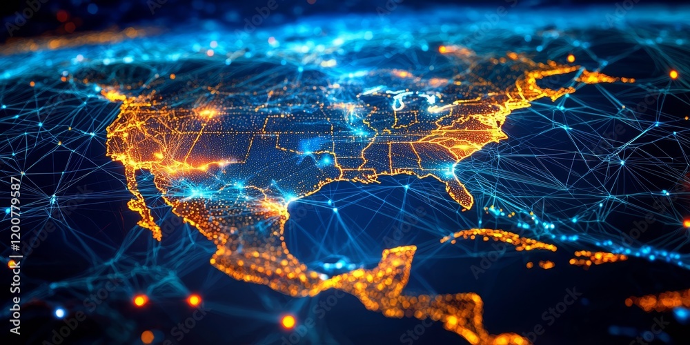 Detailed digital map illustrating network connectivity across the USA. Detailed digital map illustrating network connectivity across the USA.