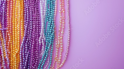 A lively night scene on Bourbon Street during Mardi Gras, with glowing neon signs, bustling crowds, and confetti falling from the sky.  photo