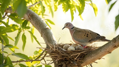 A turtledove and its eggs in a nest on an almond tree branch with sunlight filtering through, tree bark, sunlight, , nest
