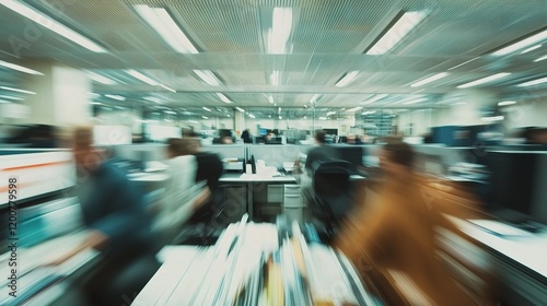 Blurred Motion in Busy Office: A dynamic, motion-blurred image capturing the frenetic energy of a bustling office environment.  Employees are seen in a flurry of activity.