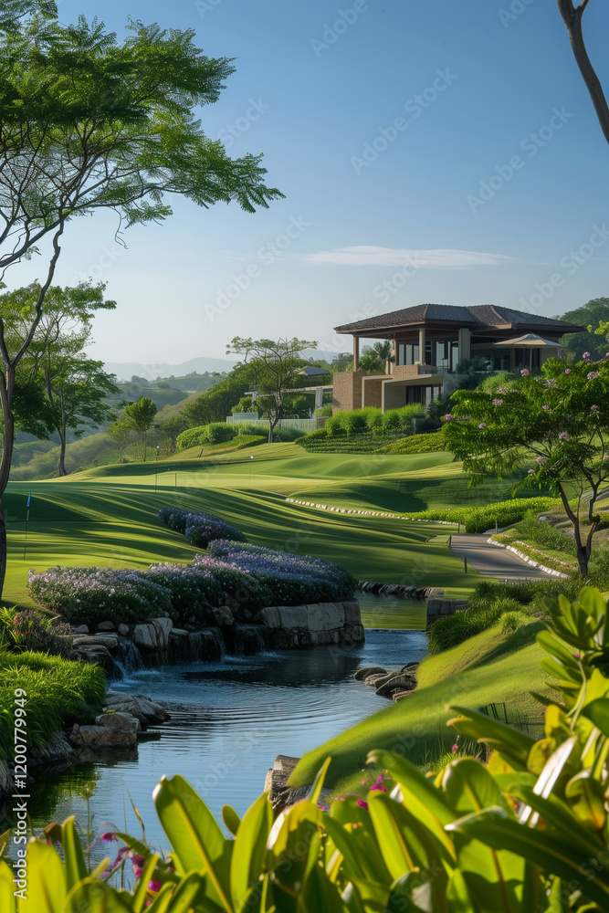 Stunning luxury resort golf course with lush green fairways and water features Stunning luxury resort golf course with lush green fairways and water features