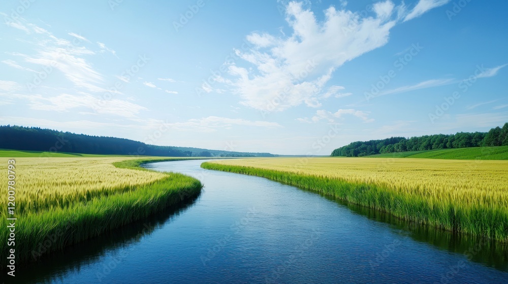Fototapeta premium Serene river winding through lush fields under a clear blue sky.